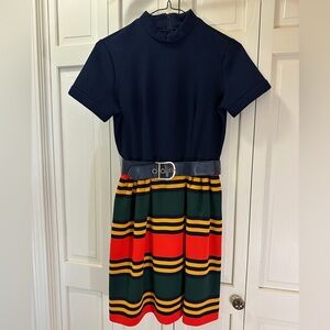 Vintage 1960s 1970s green, red and yellow Striped Dress with Navy top and Belt